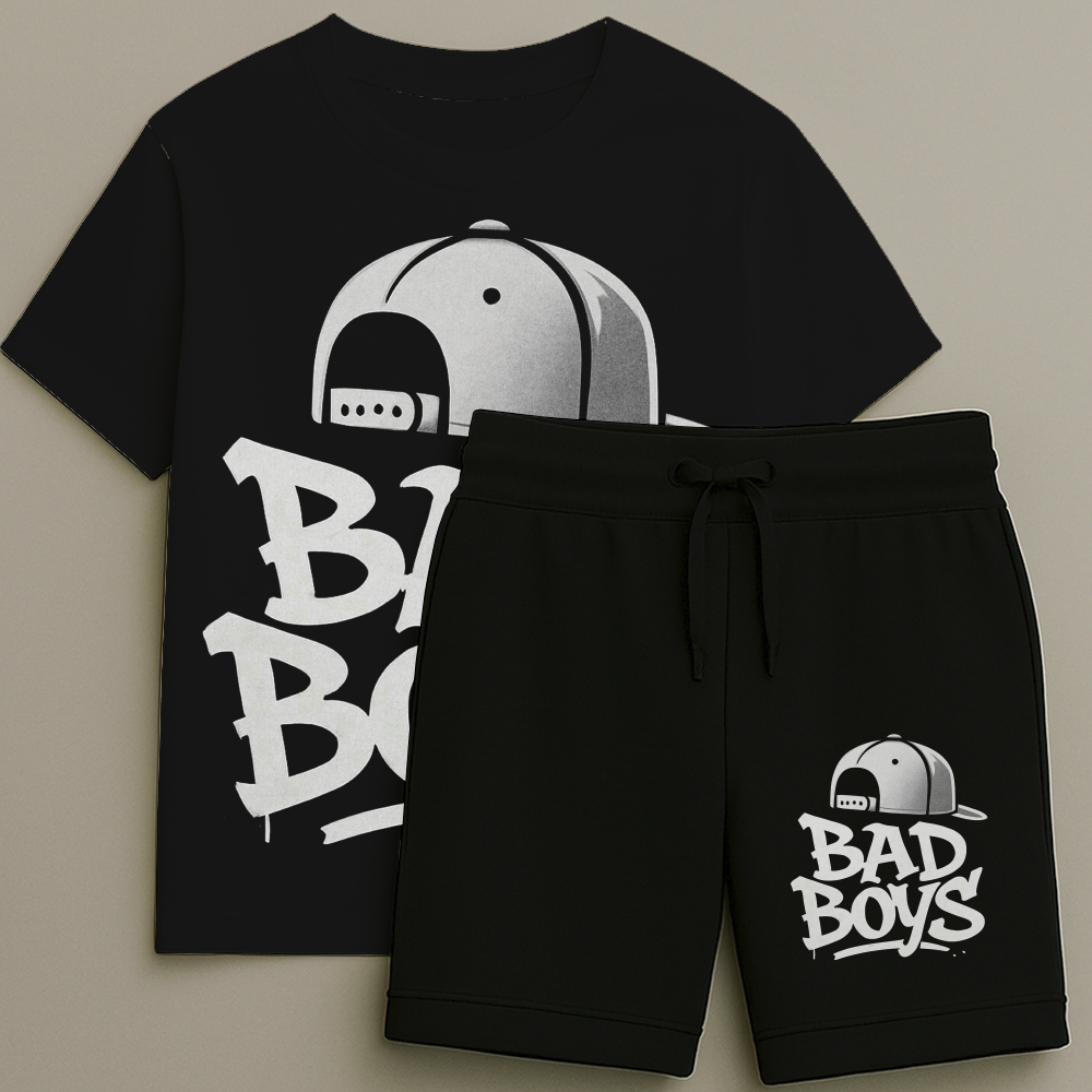 Camiseta e Bermuda BadBoys Chapéu Conjunto Masculino T-shirt Estampa Shorts Blusa Do Tamanho 2 ao 16