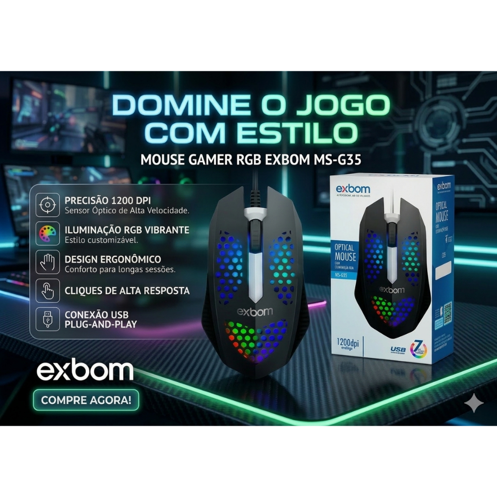 Mouse Gamer Rgb Exbom 1200 Dpi USB LED Colorido Pc Notebook Gamer — R$ 41,90 em Shopee