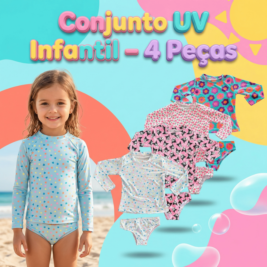 Kit Blusa Biquini 4 Peças Proteção Solar UV Menina Conjunto Infantil Verão Praia Piscina Natação
