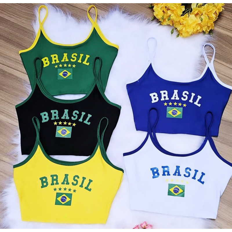 Cropped Feminino Alça Fina Brasil copa Estiloso Moda Blogueira Blusa Feminina Tendência copa do mundo jogo FINA