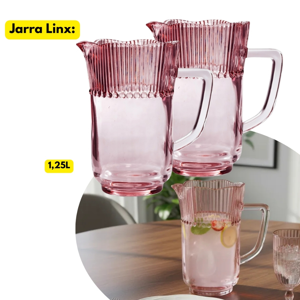 Jarras Vidro Grande Rosa 1,25L Borda Ondulada Alça Rose Listrada Canelada Servir Suco Água Bar