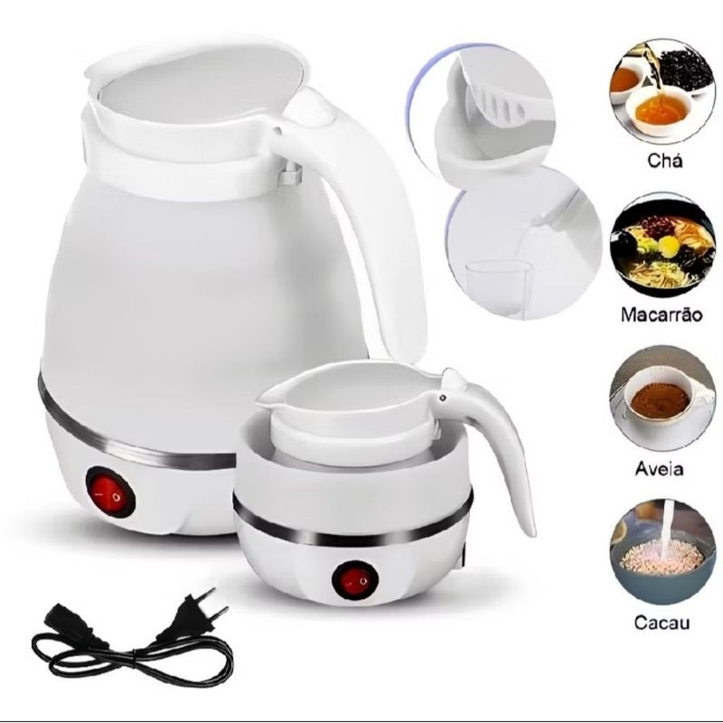 Chaleira Eletrica de Silicone 600ml Retrátil  Esquentar Café Chá Leite 110V
