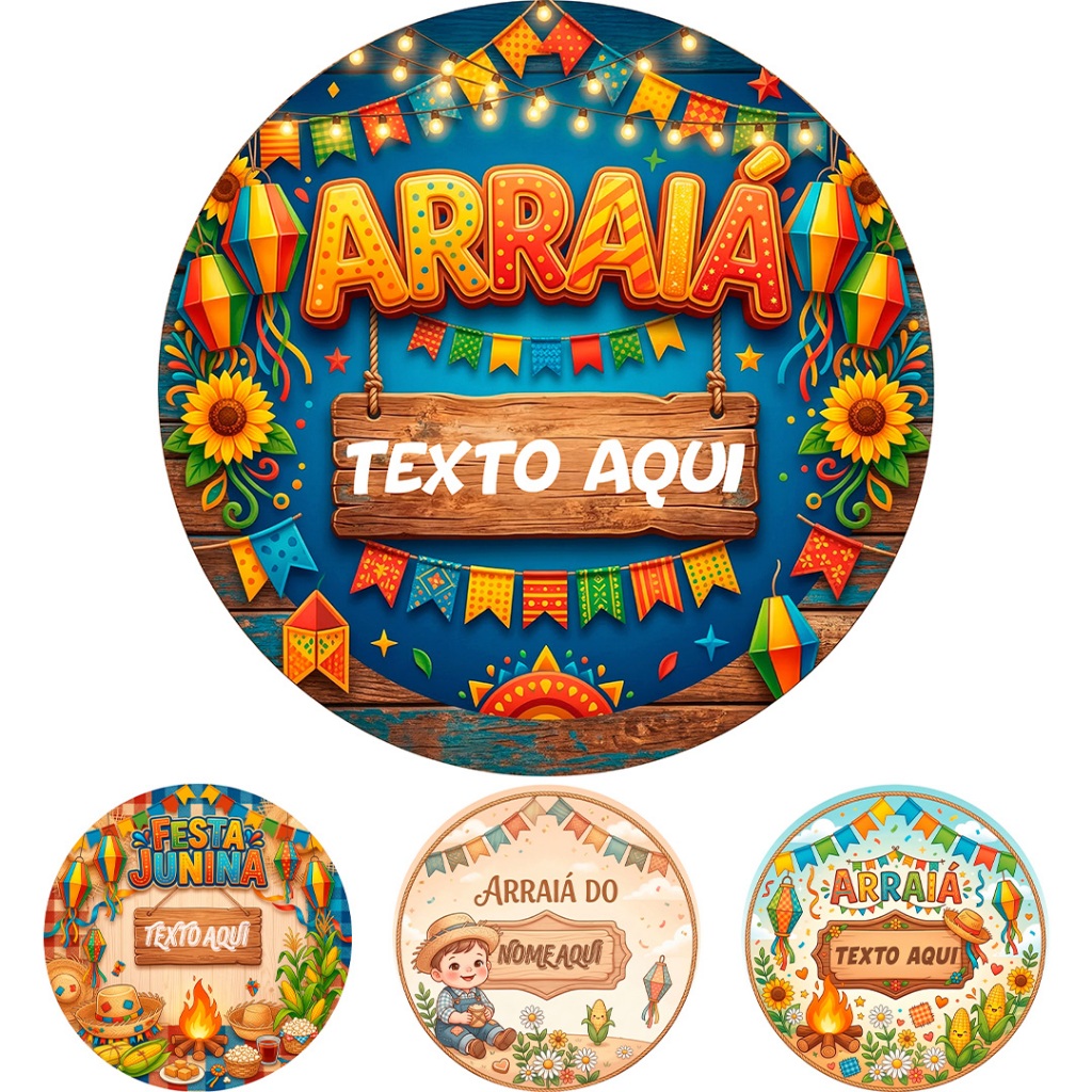 Capa Painel Redondo Mesa Festa Junina Arraiá Nome Personalizado Sublimado C/ Elástico 50×50Cm