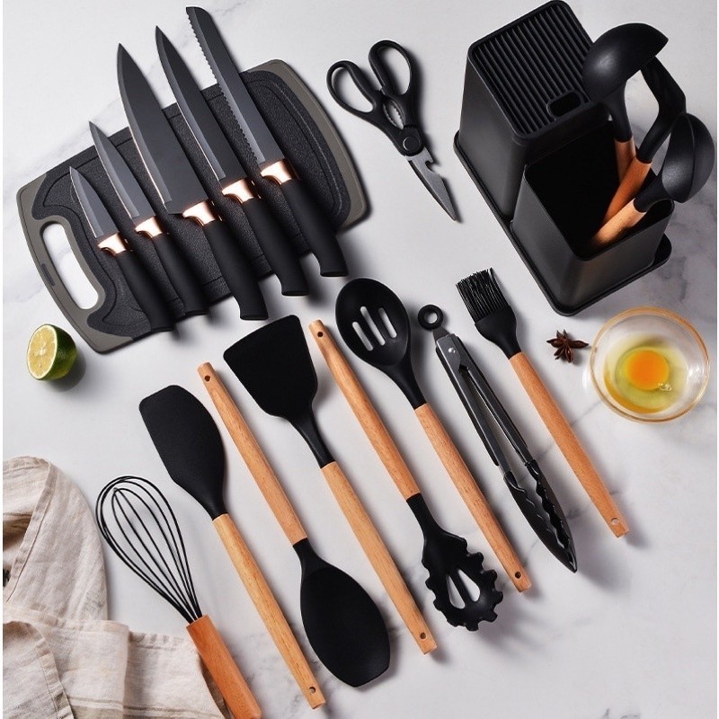 Kit Utensílios de Cozinha 5/12/19 Peças • Silicone com Cabo de Madeira • Completo e Resistente
