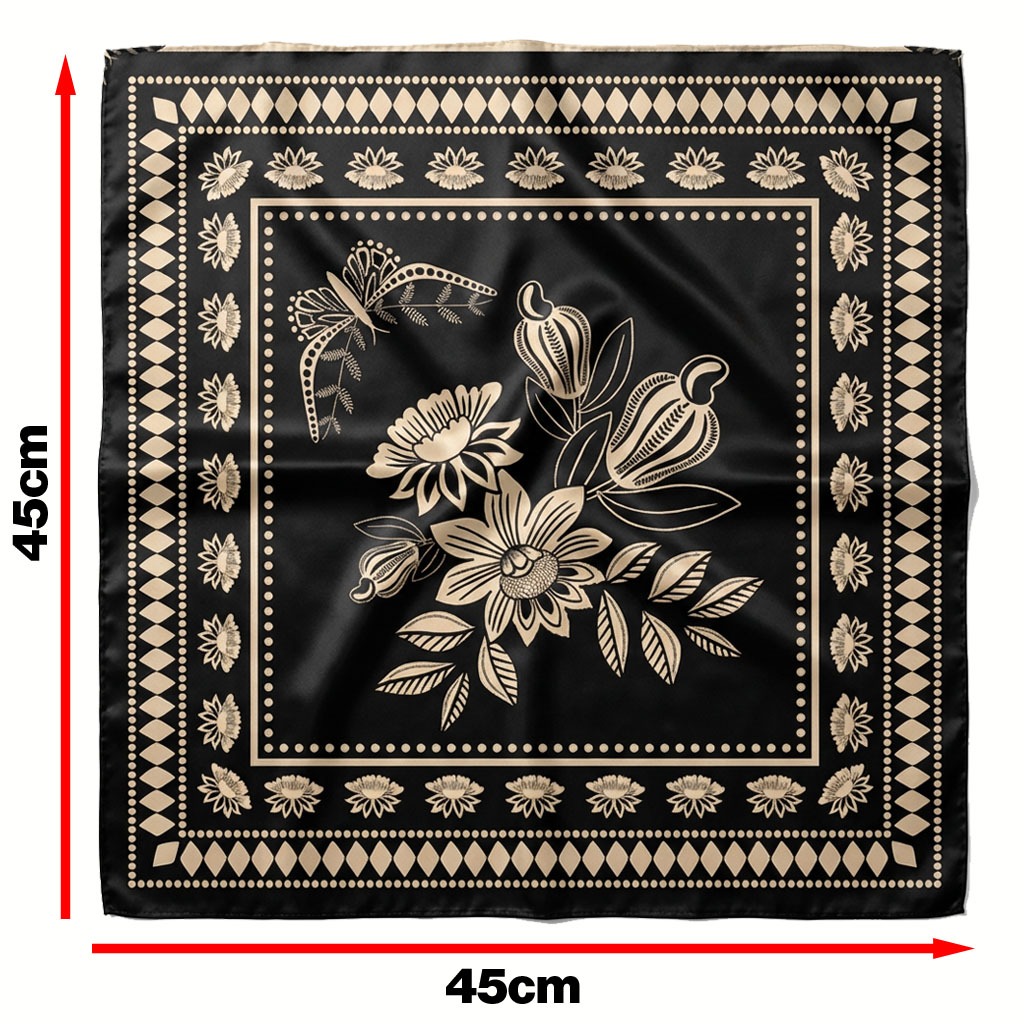 Mini Lenço Feminino Cetim 45x45 cm Quadrado Pequeno Cabelo Bolsa Botanique Black