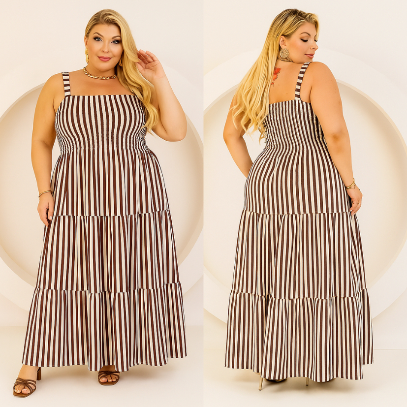 Vestido Longo Plus Size Longo com Babados  Alcinha Busto em Lastex Estampado Festa