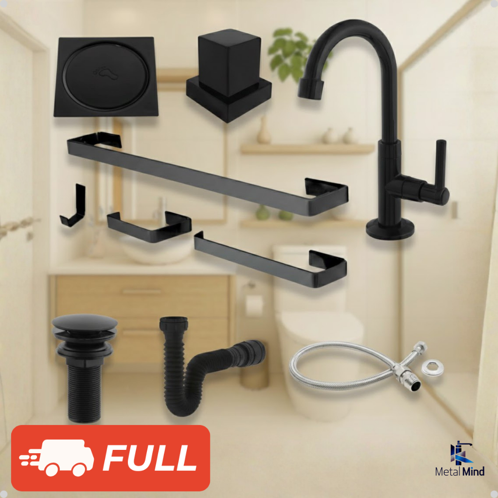 Kit Banheiro Preto Completo Luxo – Torneira, Sifão, Engate, Válvula Click, Acessórios, Acabamento Re em Oferta na Shopee