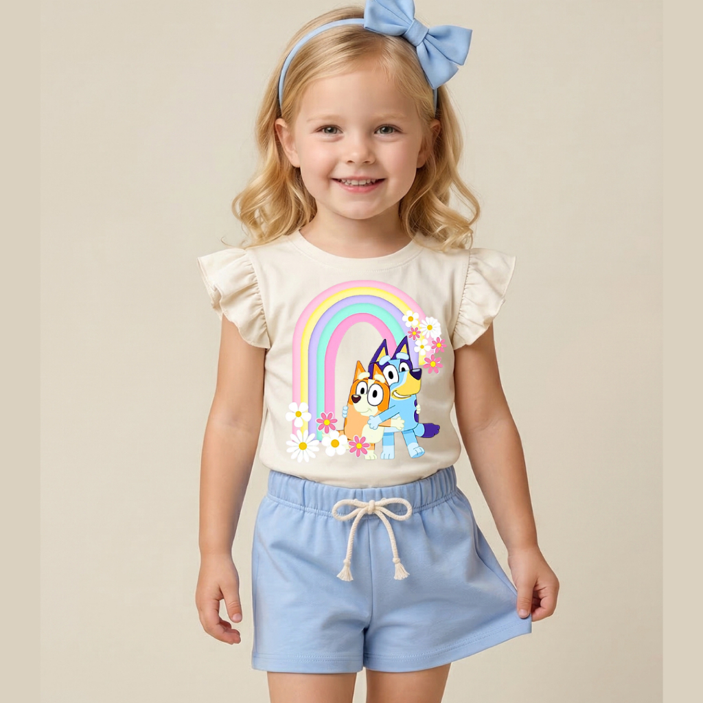 🌈 Conjunto Infantil Amiguinhos do Arco-Íris 💙 Look Fofinho, Delicado e Encantador Blusa off white short azul em Oferta na Shopee