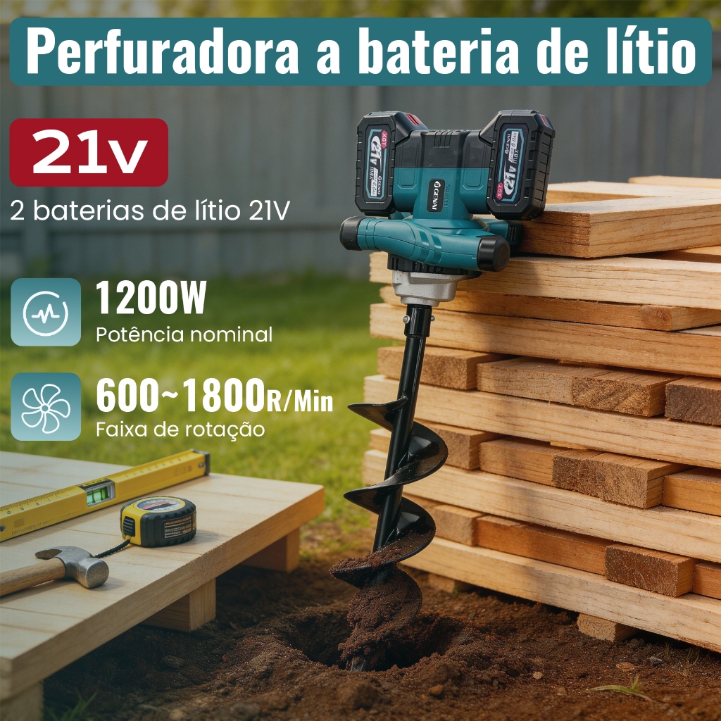 Perfurador de Terra Sem Fio 21V 1200W - Broca Helicoidal para Jardim e Construção