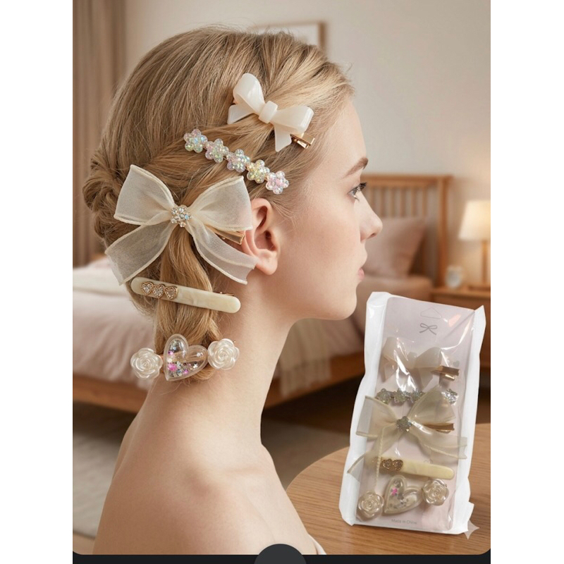 Um kit com 5 Presilhas para cabelo com brilho
