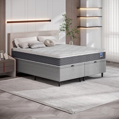 Cama Box Baú Queen Cinza e Colchão Queen Pillow Top 158x198x67 Bertha Umaflex
