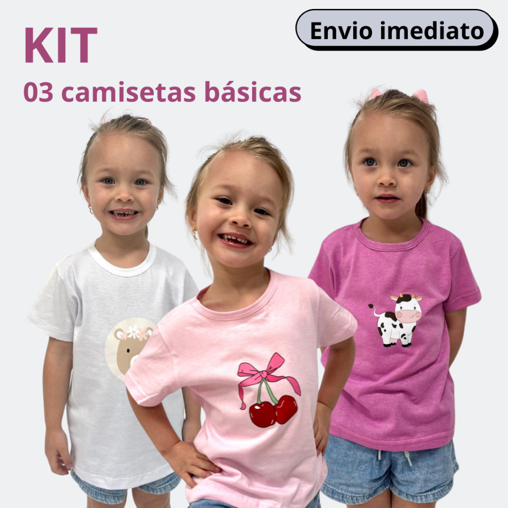 Kit 03 Camisetas Estampadas Meia Malha 100% Algodão Meninas