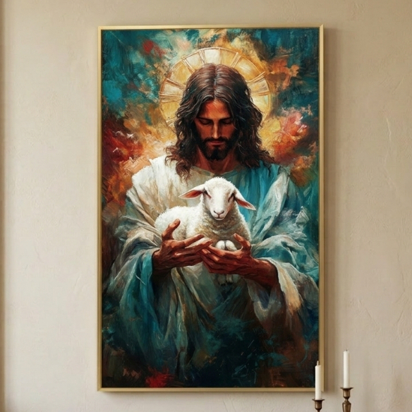Quadro Decorativo Arte Sacra Jesus Bom Pastor Ovelha Arte Moderna - Alta Qualidade em Cores 1 Peça