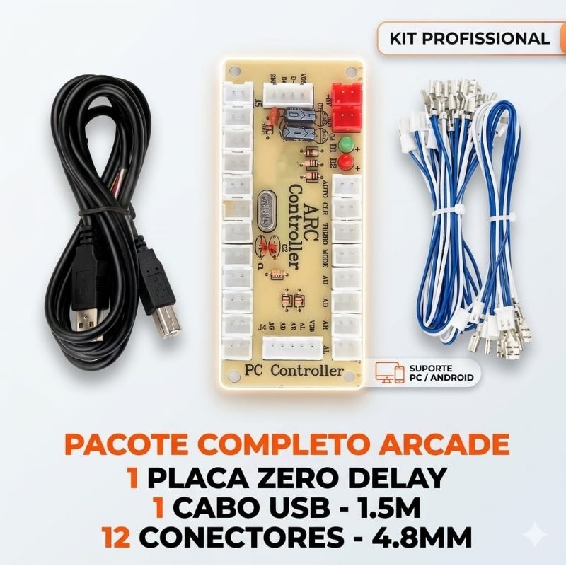 Kit 2 Placa zero Delay  +24 Cabos  Conector 4.8mm ou 2.8mm Compativel Arcade, PS3, PC, Rasp Barry