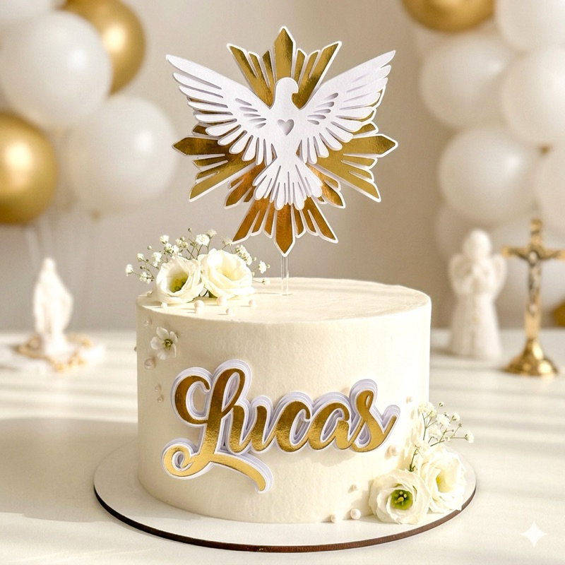 Topo de Bolo Batizado Divino Espírito Santo - 3D Dourado - Personalizado com Nome - Crisma, Primeira Comunhão Eucaristia