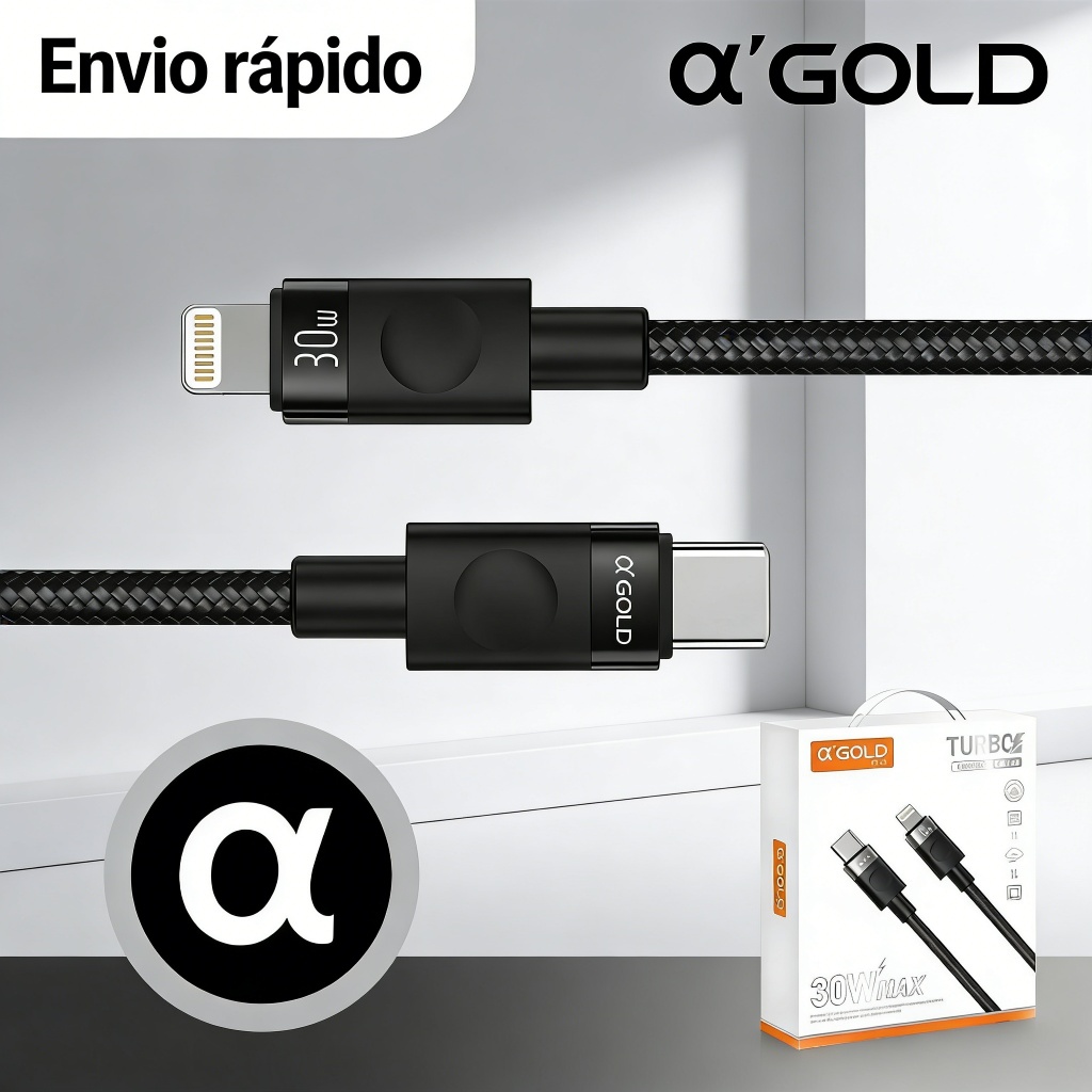 Cabo A'Gold Lightning para iPhone 30W USB-C 1m - Turbo Carregamento Rápido, Nylon Reforçado e Conector Durável em Oferta na Shopee