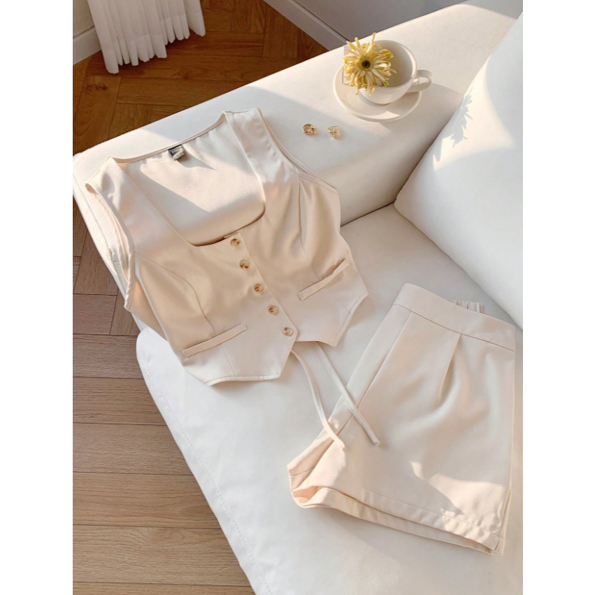 Conjunto de colete feminino com shorts – 2 peças, estilo casual e moderno