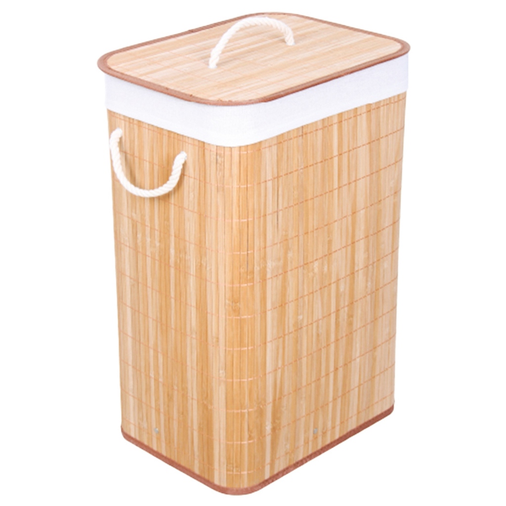 Cesto De Roupa Bambu Dobrável Retangular Com Tampa E Forro
