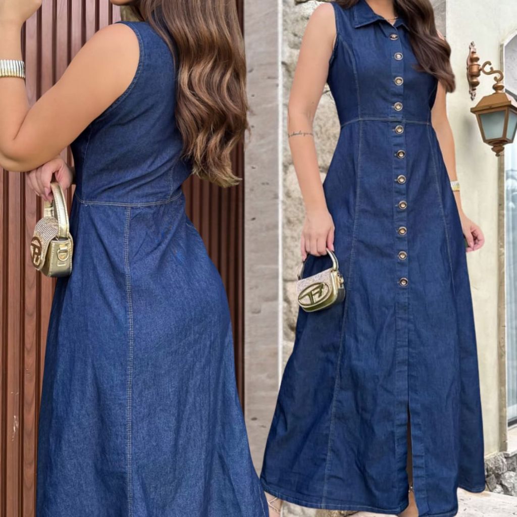 Vestido Regata Jeans Longo Tecido Elastano Botão Rodado Feminino Evangelica Cristã Gode Brasil