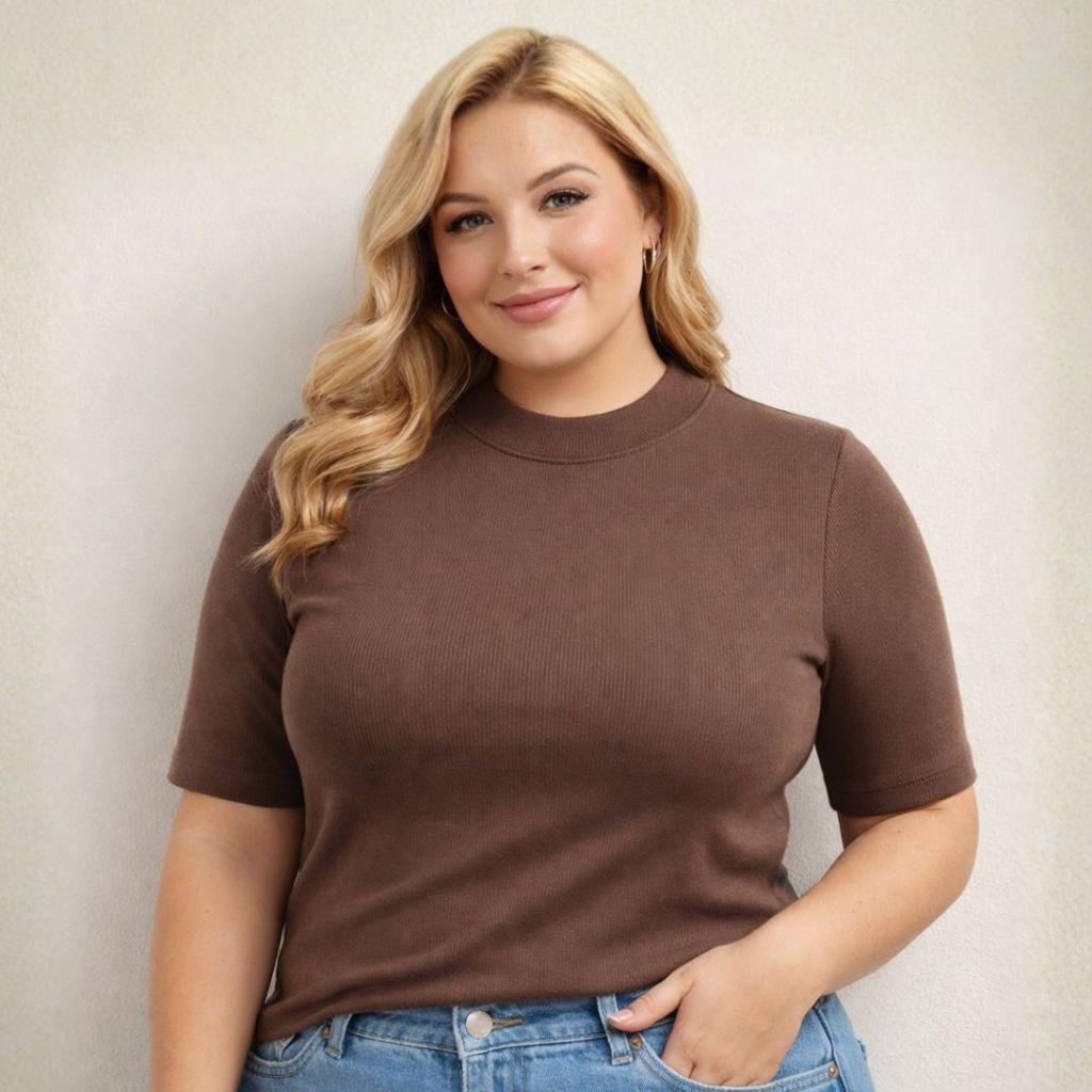 Blusa Canelada Plus Size Algodão Inverno Manga 3/4 Gola Redonda