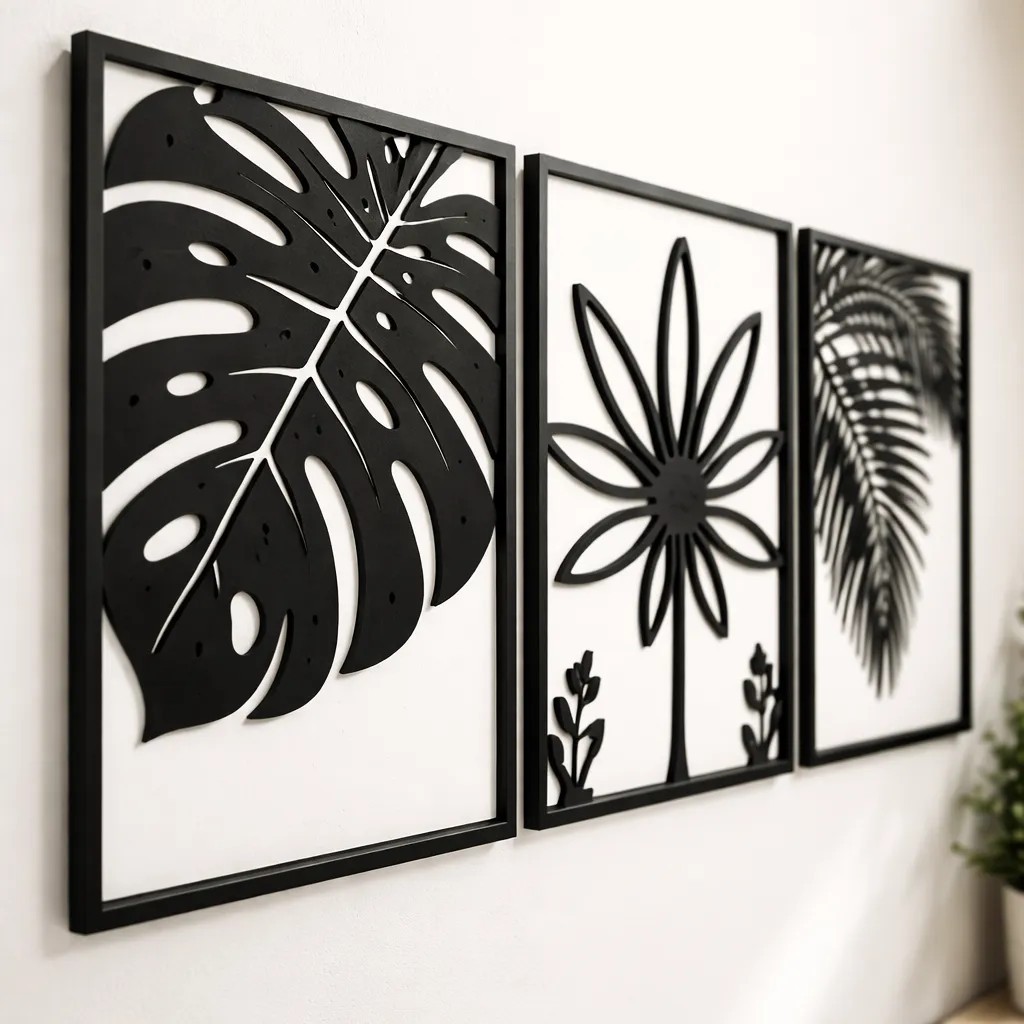 Quadros Decorativos Sala Quarto Escritorio Trio Kit 3 Flores Mdf Vazado Preto