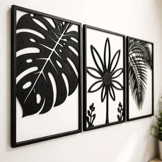 Quadros Decorativos Sala Quarto Escritorio Trio Kit 3 Flores Mdf Vazado Preto