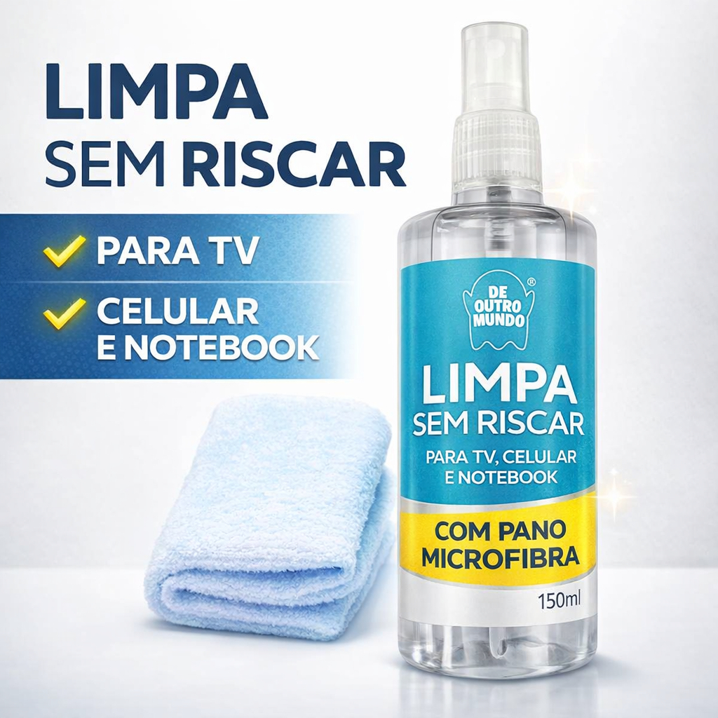 Limpa Telas TV Celular Notebook + Pano Microfibra Antiestático Não Risca