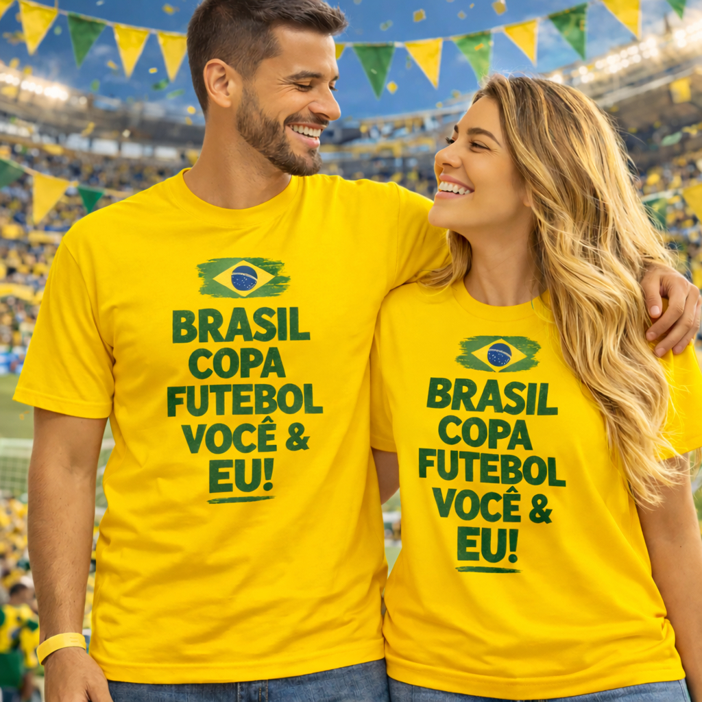 Kit 2 Camiseta Combo Casal Copa do Mundo Brasil Futebol Você e Eu Tendência Lançamento