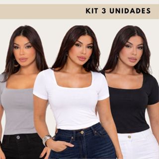 Kit 3 Blusas Manga Curta Decote Quadrado Suplex Feminina Básica Premium com Forro Modeladora Cropped em Oferta na Shopee