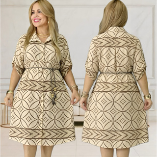 Vestido Feminino Chamize Mid Larissa Estampado Gola Polo e Manga com Botao e Cinto em Oferta na Shopee