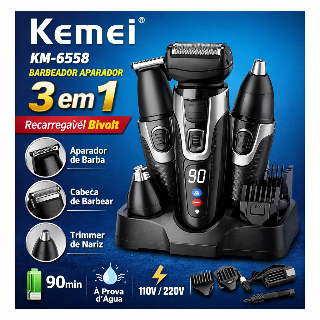 Aparador Kemei KM6558 3em1 Barba Cabelo Nariz Pro em Oferta na Shopee