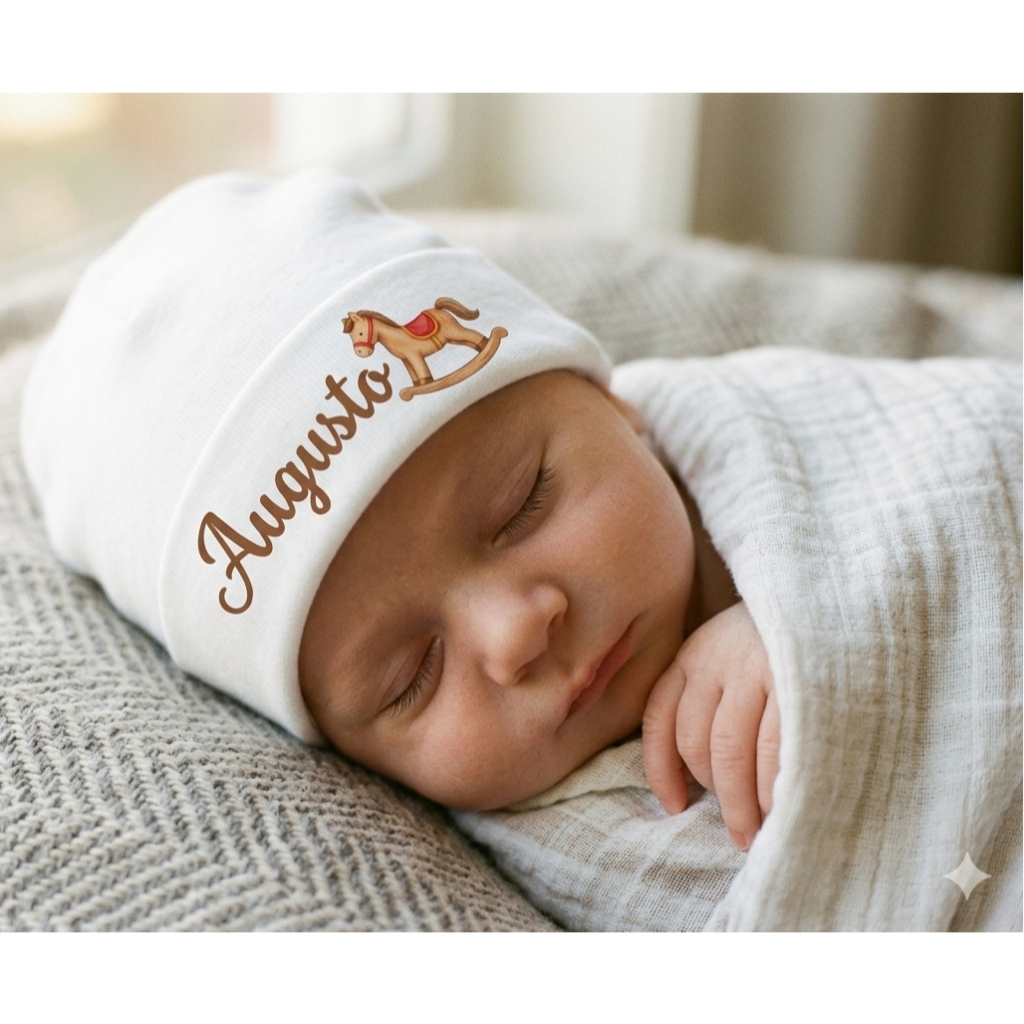 Touca e luvas para bebe RN nome e desnho Personalizado menino e menina SUBLIMADO