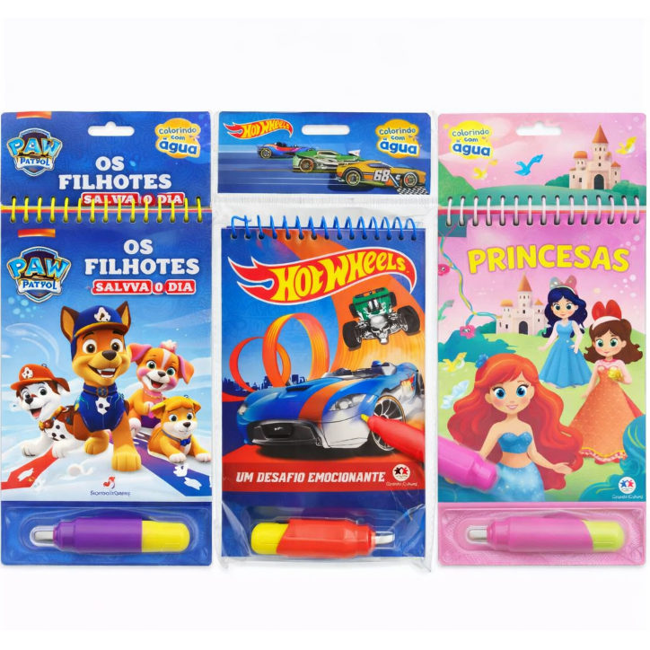 Kit 2 ou 3 Livros mágicos para Colorir Infantil – Aquabook  (Patrulha Canina, Princesas, Hot wheels)