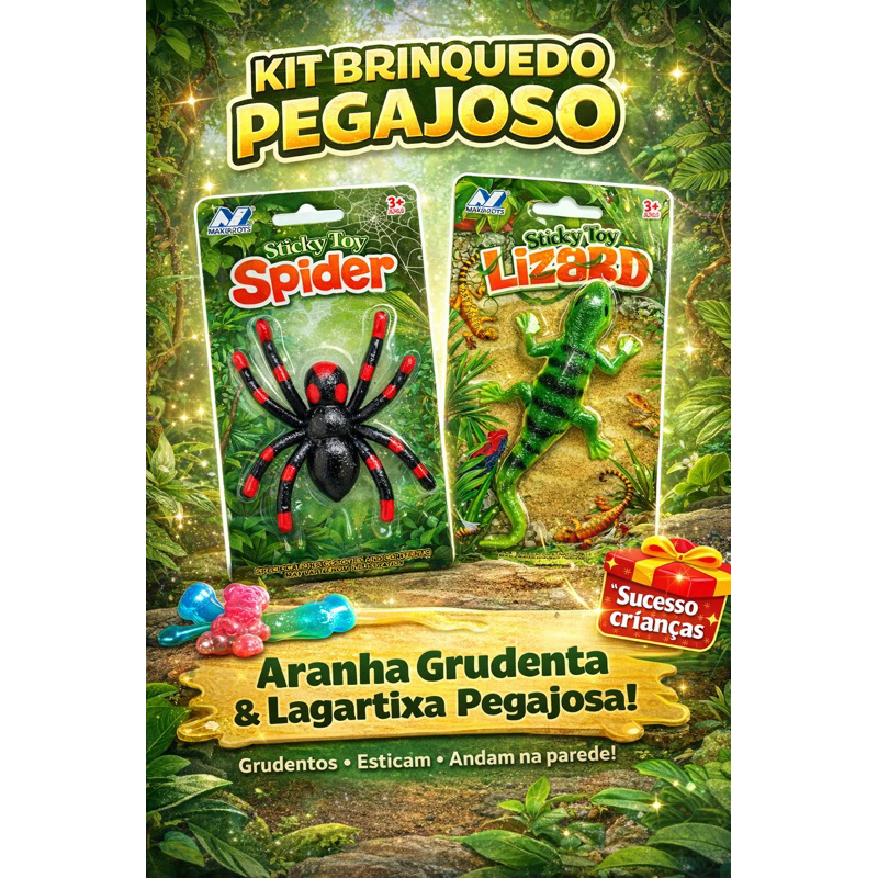 Kit Brinquedo Pegajoso Infantil | Aranha + Lagartixa que Anda | Diversão Crianças 3+