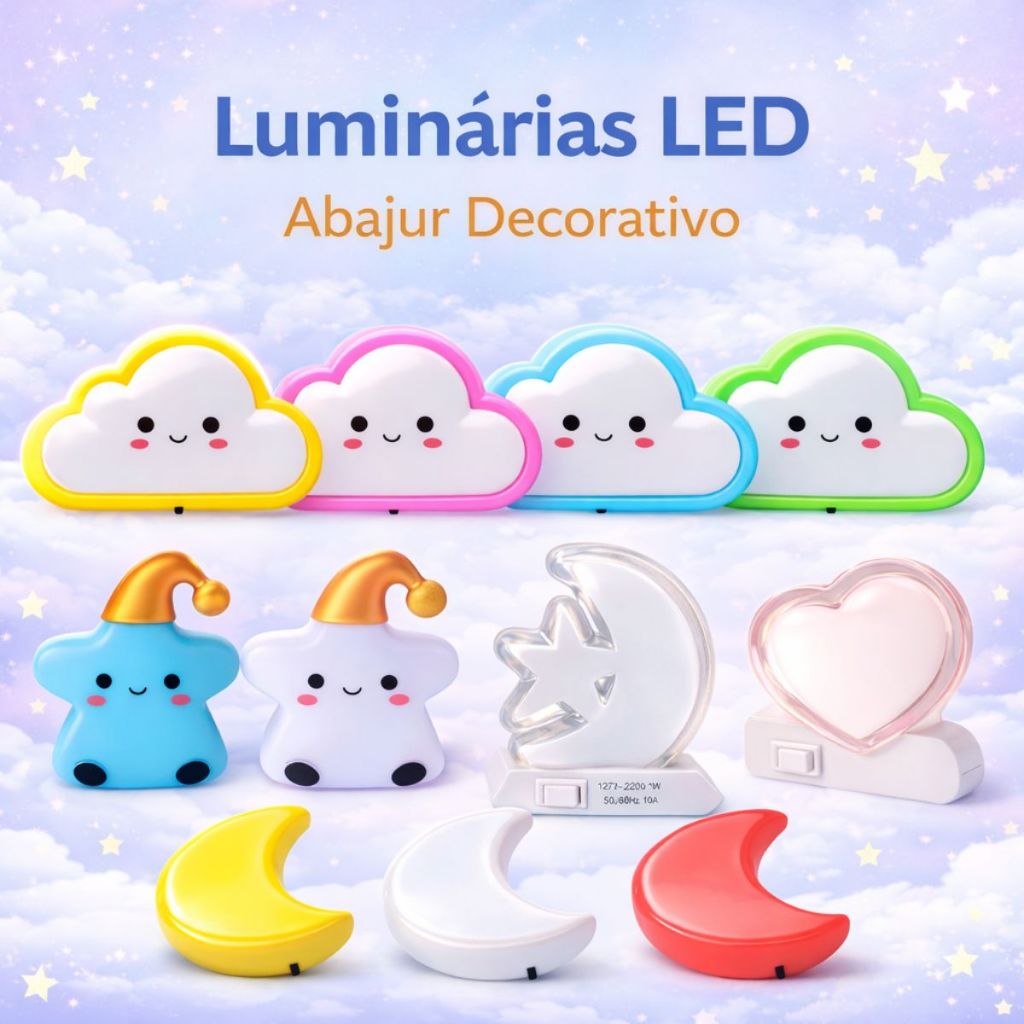 Luminaria Abajur De Tomada LED Infantil Nuvem Quarto Decoração Iluminação Estrela Lua