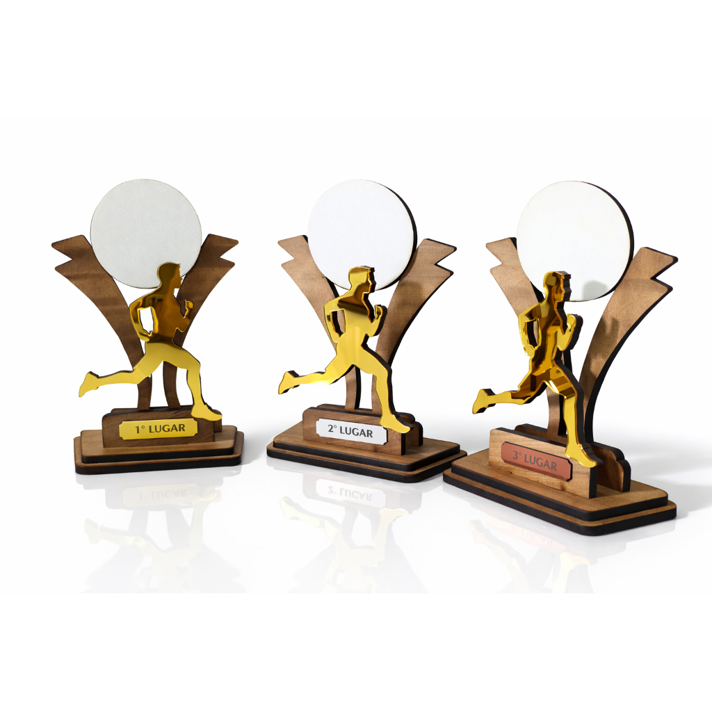 Kit 03 Troféus Corrida 21 CM Estrutura em MDF e Acrílico Eventos Institucionais Masculino e Feminino