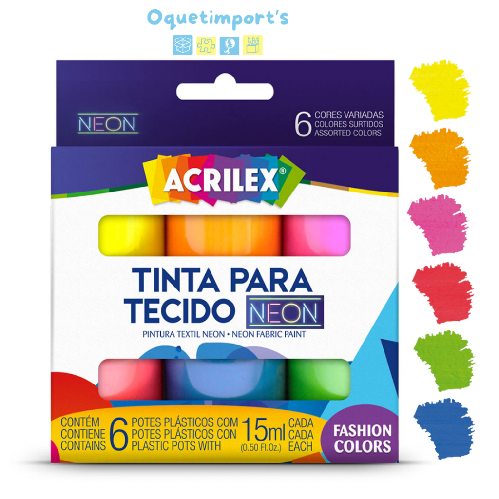Kit Tinta Para Tecido Neon 6 Cores Pote 15ml Acrilex