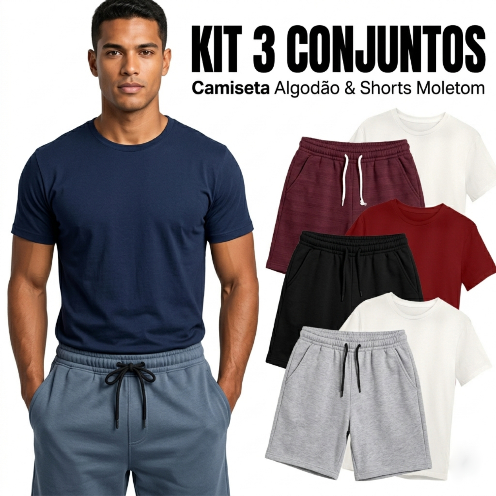 Bermuda Masculina Moletom + Camisa Masculina Algodão - Cores Sortidas Qualidade Premium - Promoção !