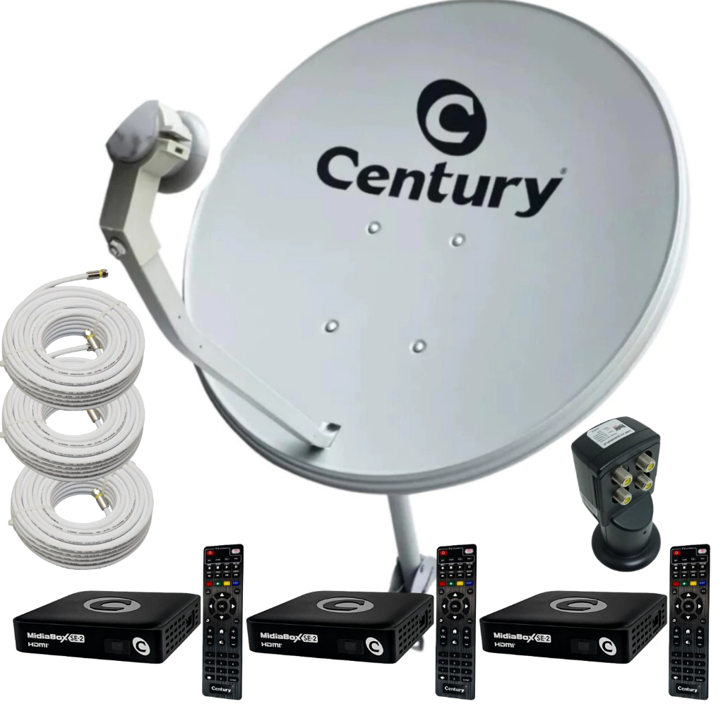 Kit Century Midiabox SE-2 03 Receptor Digital Antena Ku LNBF quadruplo 03 Cabo 15 m