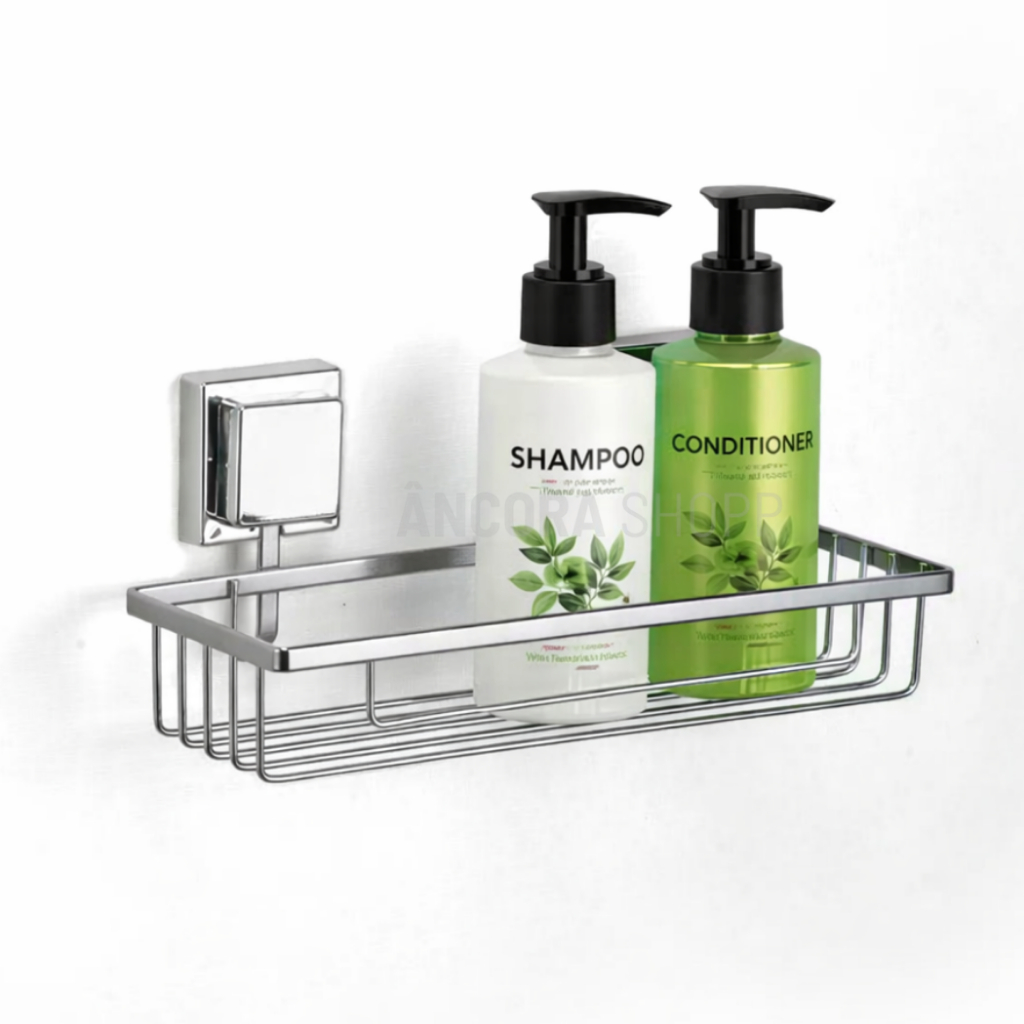 Porta Shampoo Cromado Arthi Prateleira Com Fita 3M Fixação sem Furos Quadrada Ferro Inoxidável