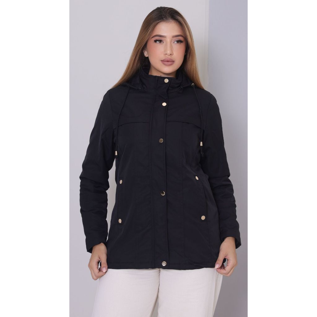 Parka Feminina Forrada Com Capuz Removível Bolsos E Zíper
