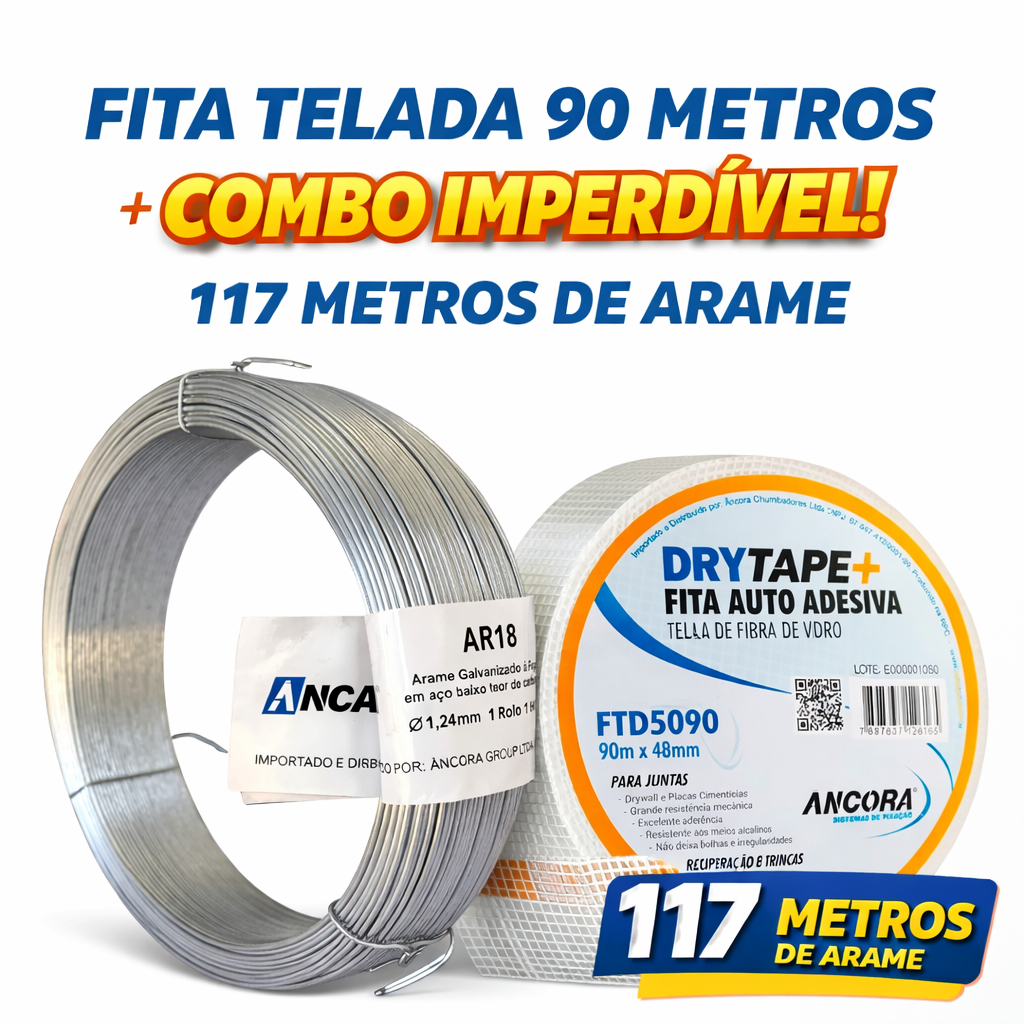 Kit Arame Galvanizado Nº18 1kg 117m + Fita Telada 90m Drywall Tela Fibra de Vidro Reparos Trincas Construção