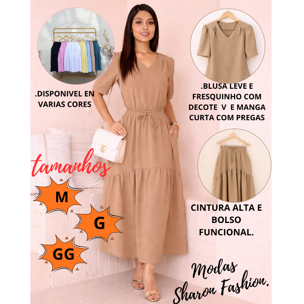 Conjunto Feminino Saia Longa com bolso e blusa Decote V manga curta com pregas moda Social, evangélico.