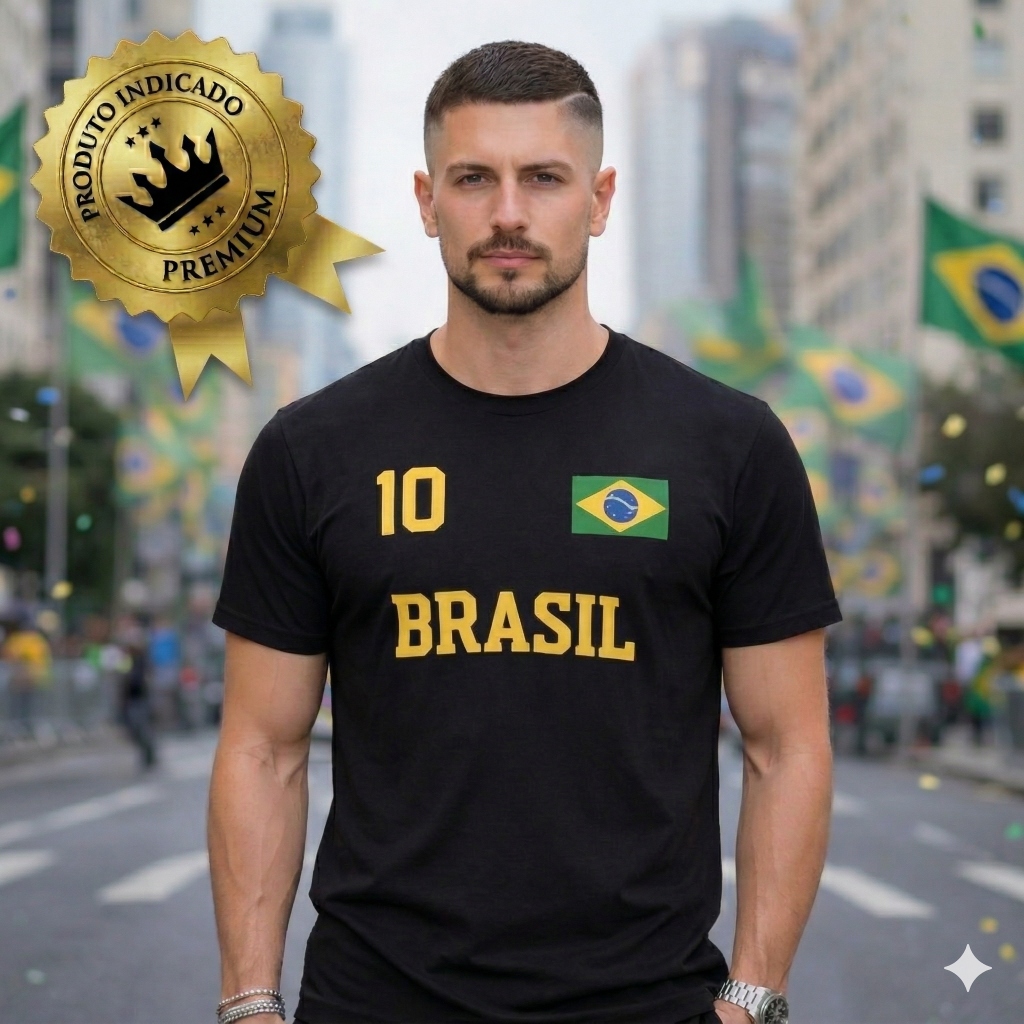 Camiseta Básica Masculina 100% Algodão Fio 30.1 Casual Brasil Preto Verde Azul Branco Copa do Mundo