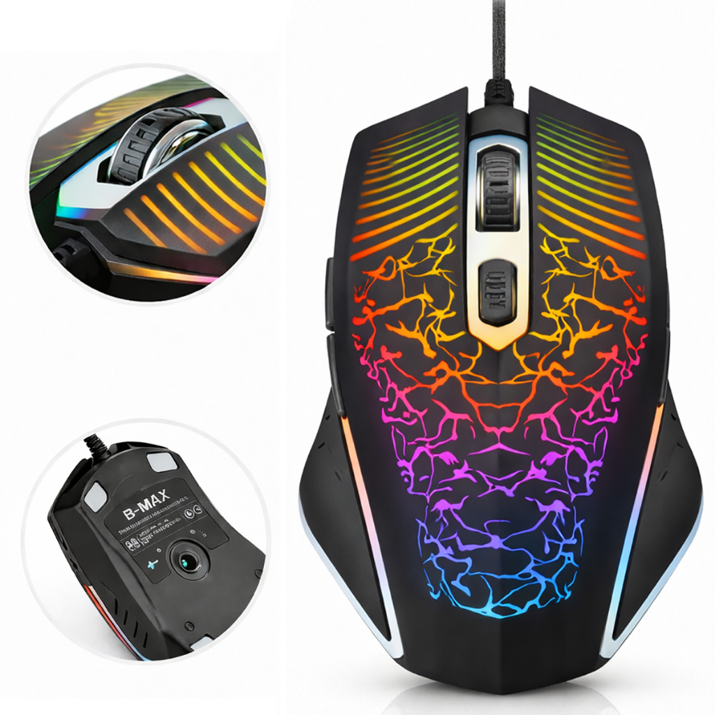 Mouse USB Gamer RGB 3600 DPI 6 Botões LED Ajustável B-MAX