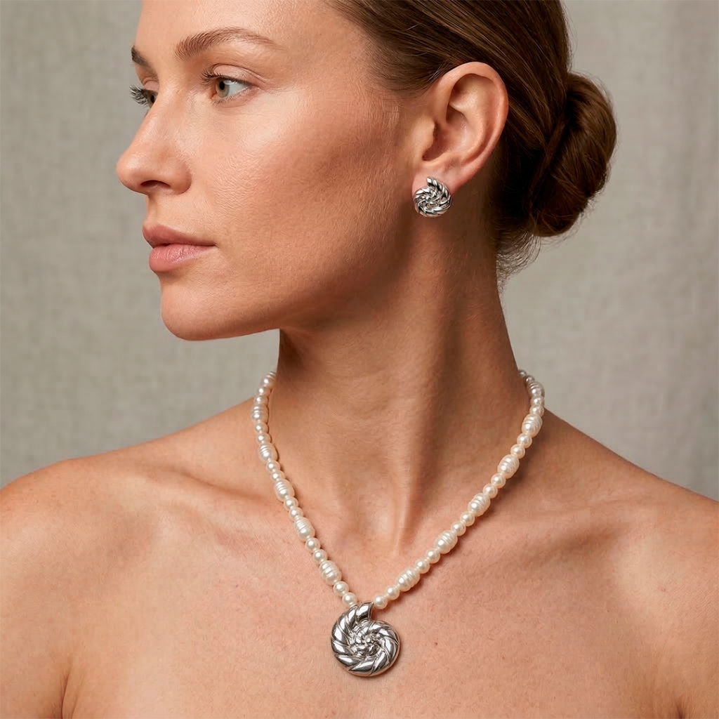 Conjunto Caramujo Listrado e Pérolas Colar e Brincos Banhado a Ródio Branco Feminino Semi Joias