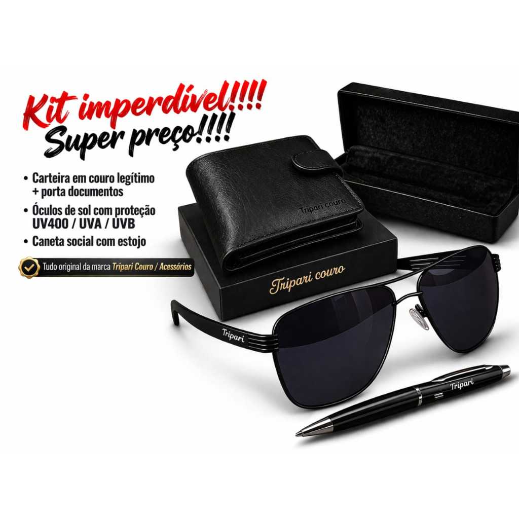 Kit óculos proteção UV400 + Carteira couro legítimo + caneta original tripari presente premium NF em Oferta na Shopee