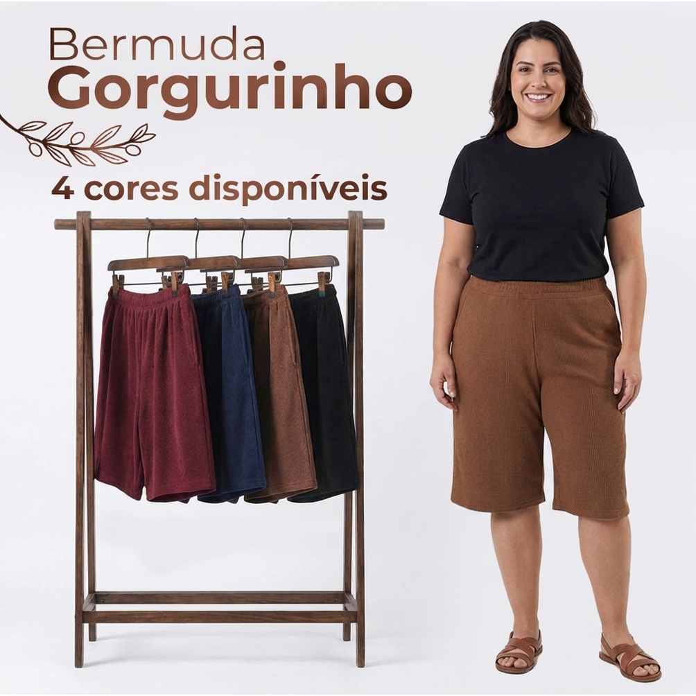 KIT Bermuda Feminina Gorgurinho Canelada | Modelagem Reta | Cós Alto com Elástico | Conforto Dia a Dia