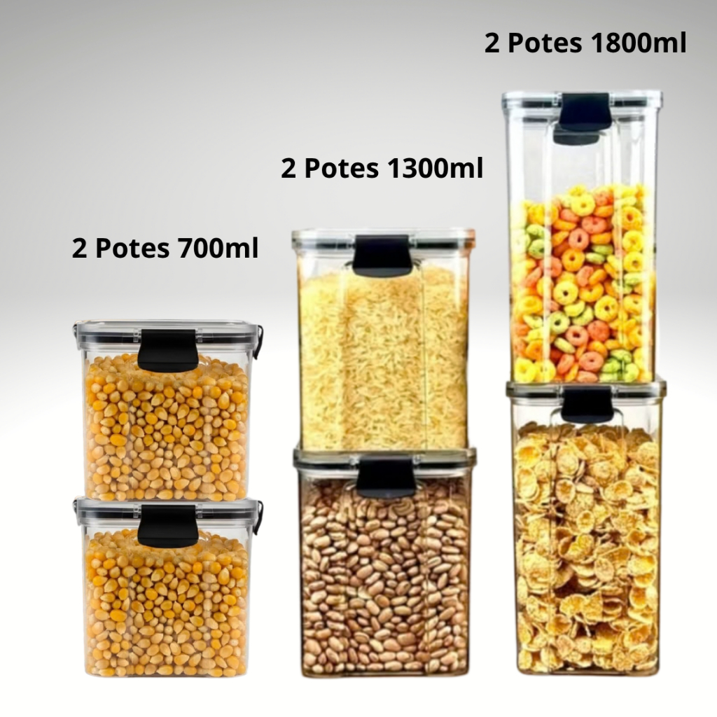 Kit Pote Hermetico AcrilicoTrava Quadrado Transparente Empilhável Organizador de Alimento Mantimento Cozinha Dispensa
