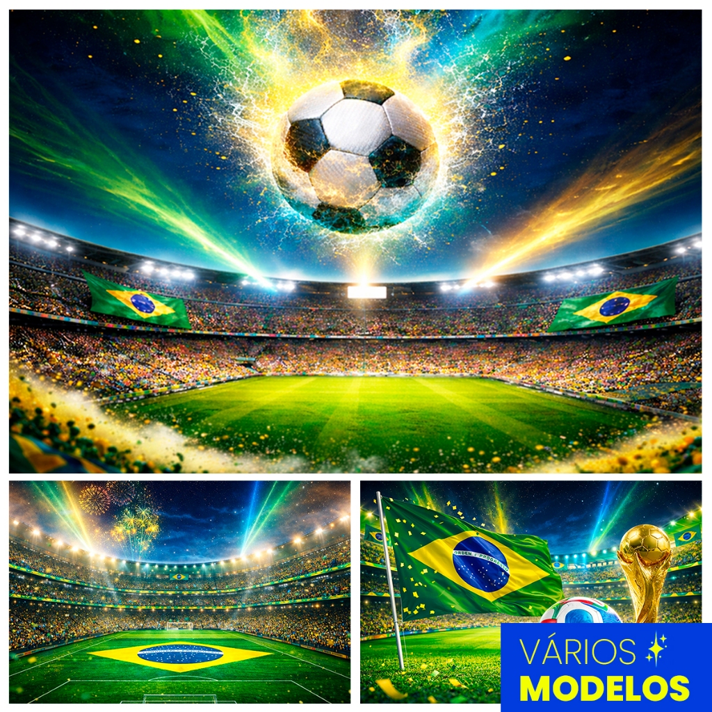 Painel Retangular Em Tecido Sublimado Campo de Futebol e Bola Trofeu 1,50x2,20 Mt